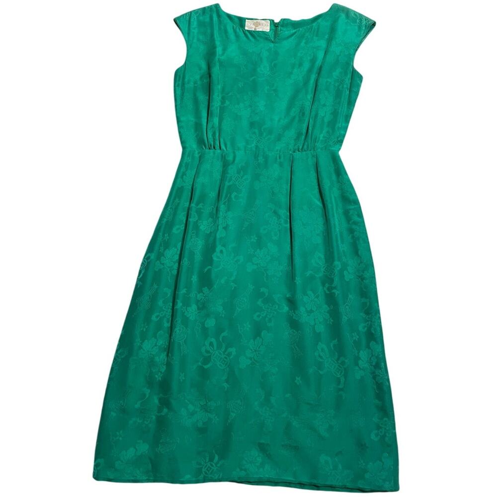 VTG Dynasty A-Line Dress Silk Brocade Womens Sz 10 Green Cap Sleeves Knee Length